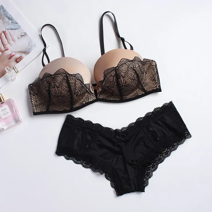 

Pholeey Convertible Straps Soft Underwire Push Up Bra & Brief Sets Lace Strapless strap Bra Solid Low Waisted Panties P18175