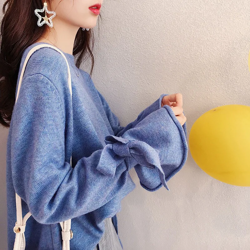 HSA 2018 Women Korean Fashion Pull Sweaters Oneck Flare Sleeve Knitwear Irregular Loose Jumpers Bow Cute Solid Pullover Tops