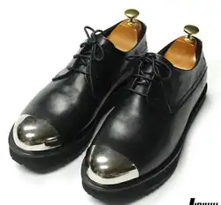 Серебряный носком оксфорды на шнуровке Для мужчин круглый носок из натуральной кожи черного цвета обувь на толстой подошве Свадебная