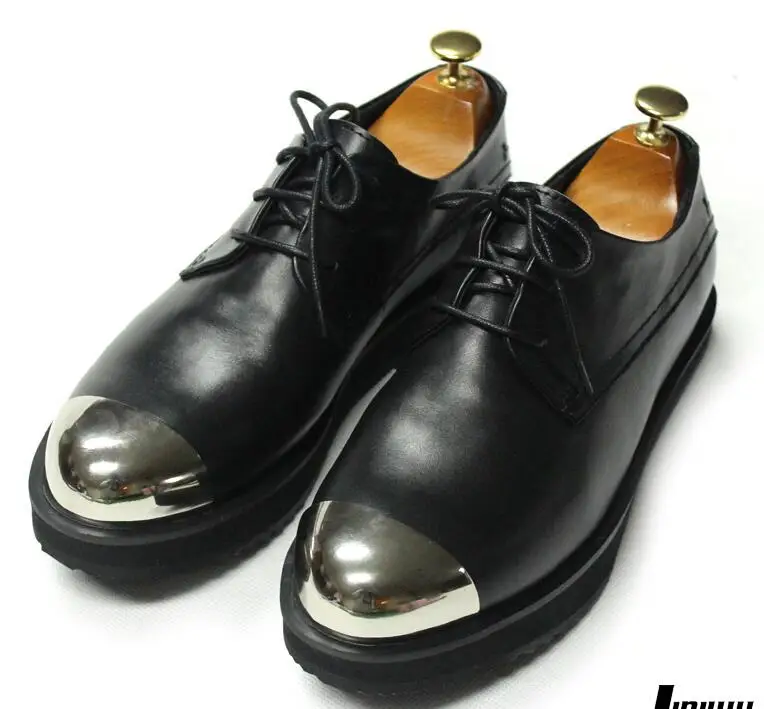 

Silver toe Lace Up oxford Men Round Toe Genuine Leather black Thick bottom Shoes Wedding Party shoes