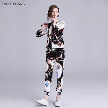 

women casual two piece set new fashion autumn elegant office work vintage runway print short Jackets coat +pants 2 pieces sets