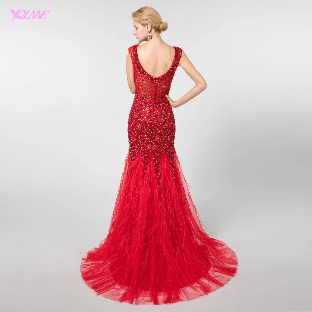 Elegant Red Crystals Feathers Evening Dresses Long Mermaid Evening Gown Formal Dress YQLNNE
