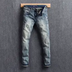 Итальянский Стиль модные Для мужчин джинсы эластичный Slim Fit Рваные джинсы Для мужчин Винтаж классические джинсовые штаны уличной хип-хоп