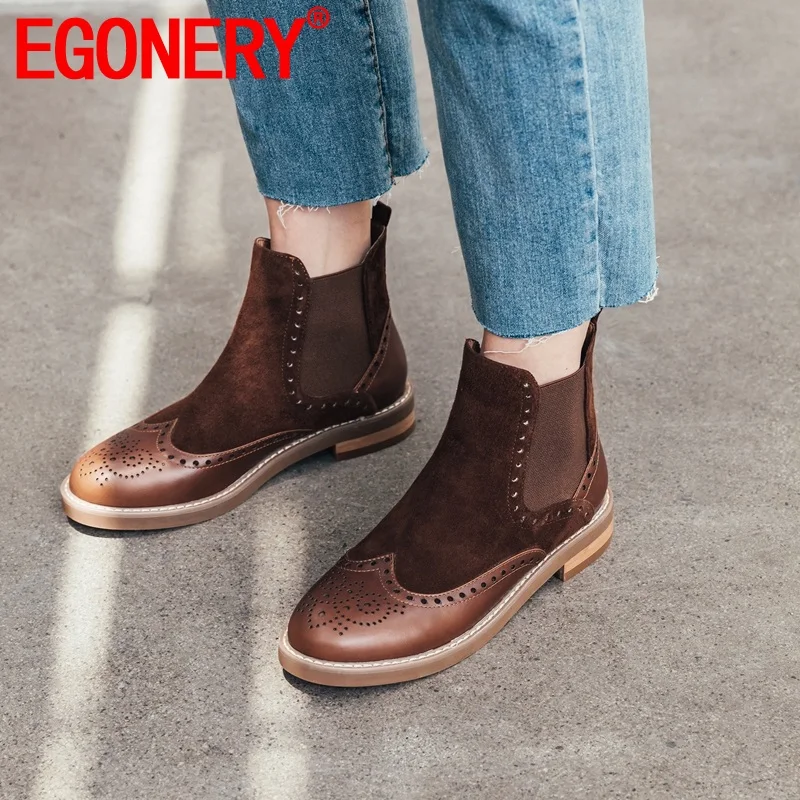 

EGONERY brand women shoes 2019 autumn new fashion leather tound toe low heel shoes plus size 34-40 casual date booties