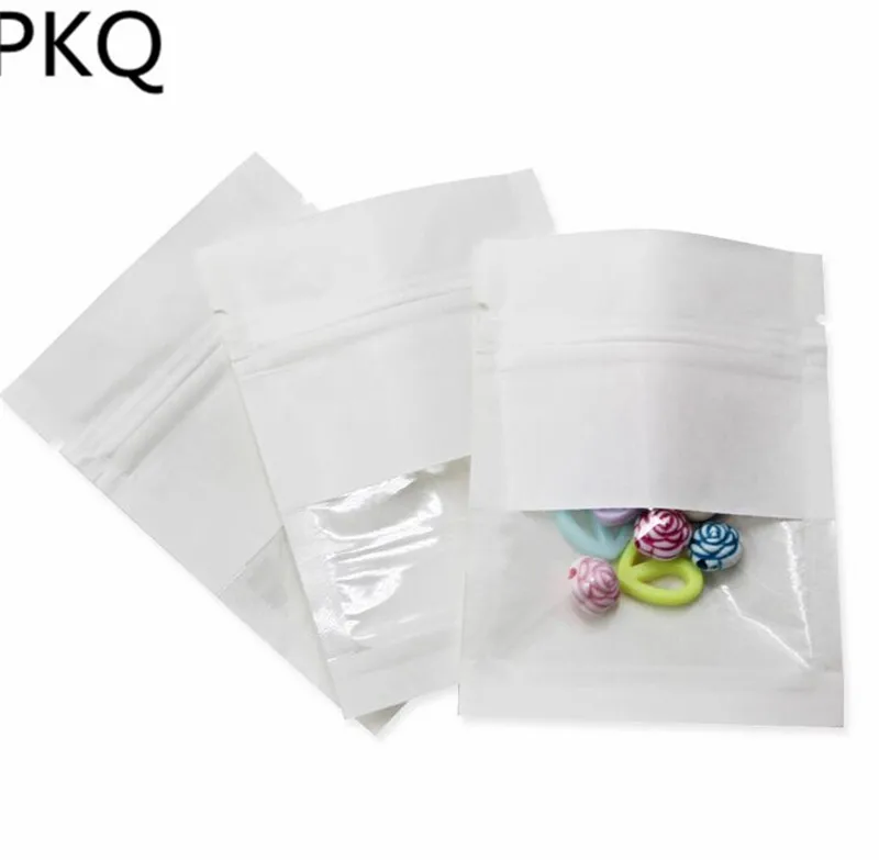 200pcs White/Kraft Paper gift Bags Small Ziplock Candy Bag With Clear Window Sweet Event Party Decoration Supplies