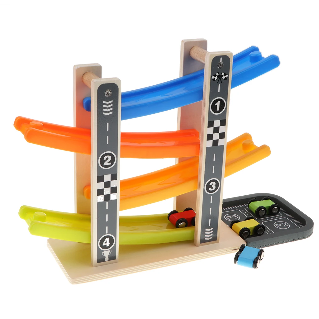 Wooden Inertial 4-Layer Colorful Ramp Race Track & Racing Car Playset Wooden Toy Baby Fine Motor Skill Developmental