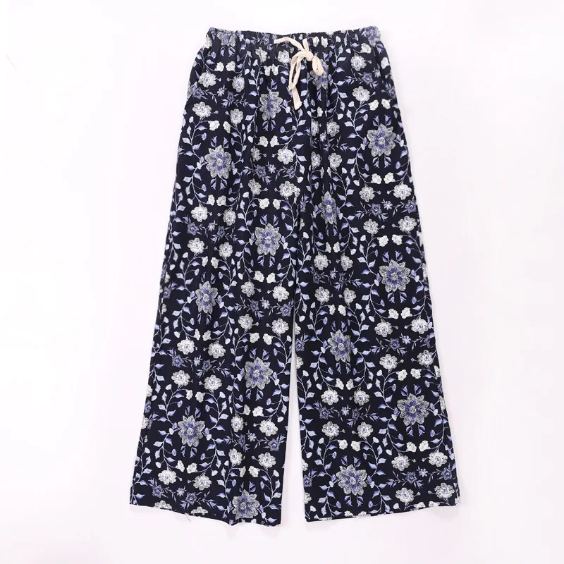 Летние льняные свободные девятые брюки с цветочным принтом для женщин, штаны для сна, Повседневная Домашняя одежда, брюки размера плюс, пижамные брюки для женщин