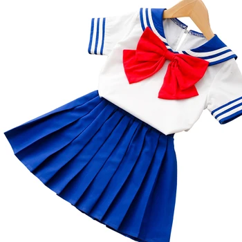 

Girls Sets Short Sleeve T-Shirt With Bow+Pleated skirt Cosplay Sailor Moon Princess Costume Birthday Student's Clothes Kids Suit