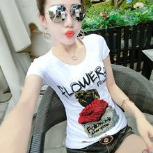 Летняя женская модная тонкая футболка с круглым вырезом и коротким рукавом с 3D рисунком красота печать горный хрусталь Топы женские черные футболки