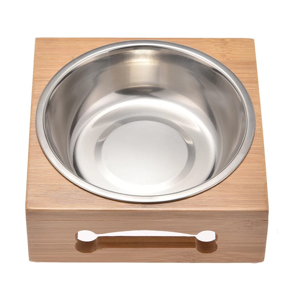 Solid Wood Pet Bowl Bamboo Stainless Steel Dish Rack Single Bowl