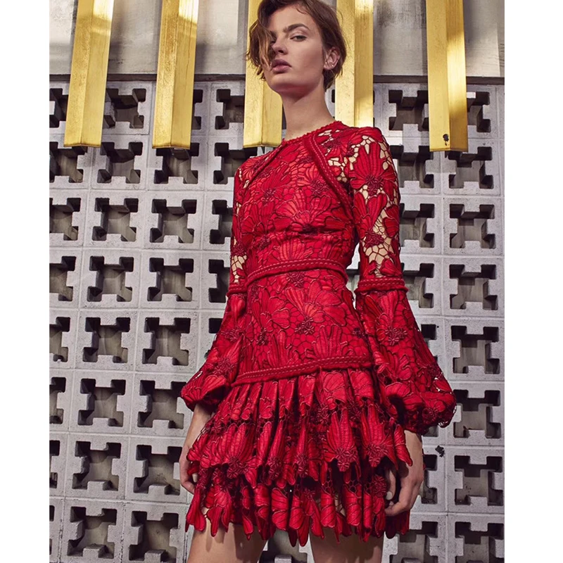 

New woman red lace dresses lantern sleeve o-neck hollow out sexy causal wear slim mini dress lady summer meeting