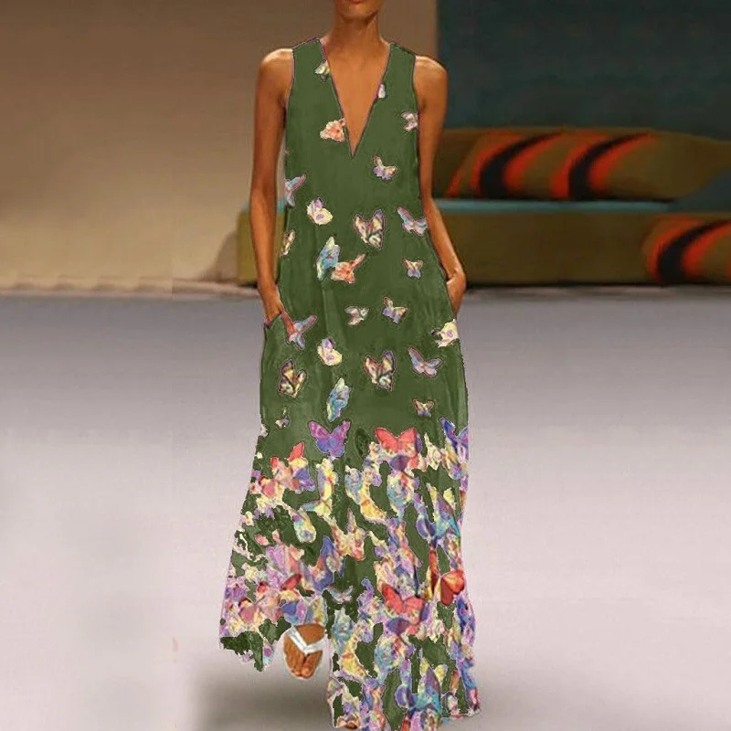 VIEUNSTA, женское винтажное длинное платье с v-образным вырезом и принтом бабочки,, бохо, без рукавов, с карманами, летнее платье, повседневное, свободное, Пляжное, макси платье - Цвет: 03 Army Green