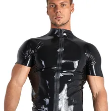 Модный черный с короткими рукавами мото Байкер искусственная кожа застежка спереди мужские фитнес топы тройники сексуальные женские ПУ футболки DS костюмы