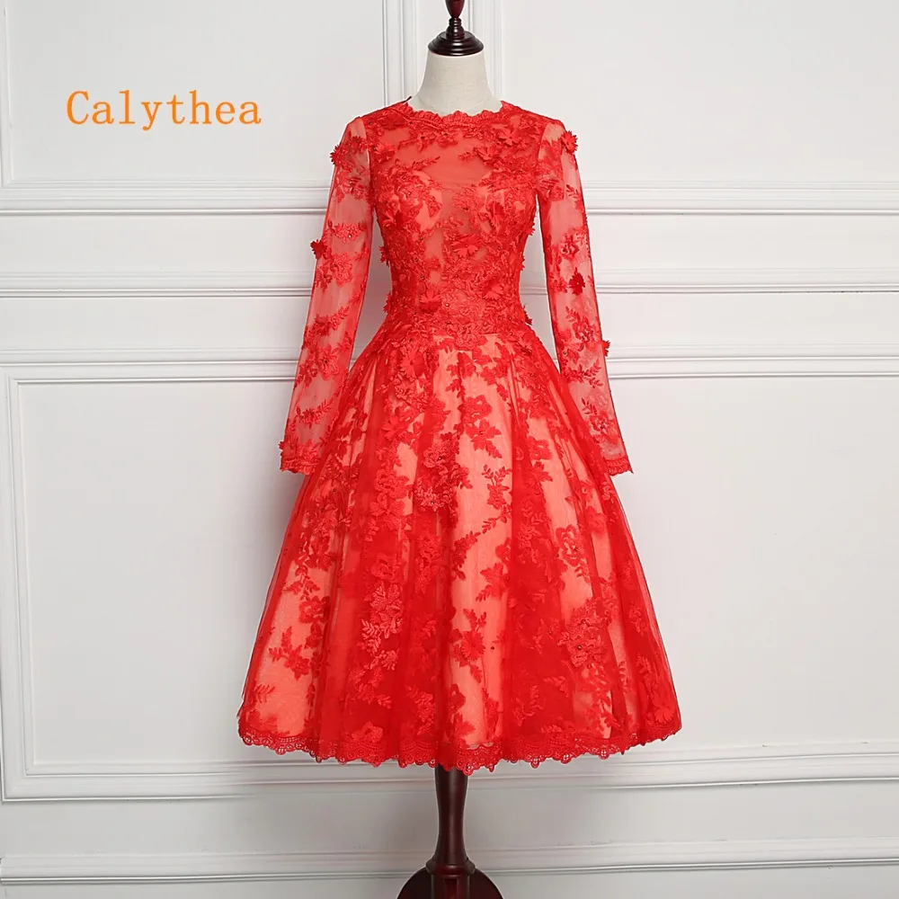 

Freeshipping High Quality Red Lace Short Evening Dress 2019 A-Line O-Neck Appliques Long Sleeves Plus Size Prom Gown Custom Size