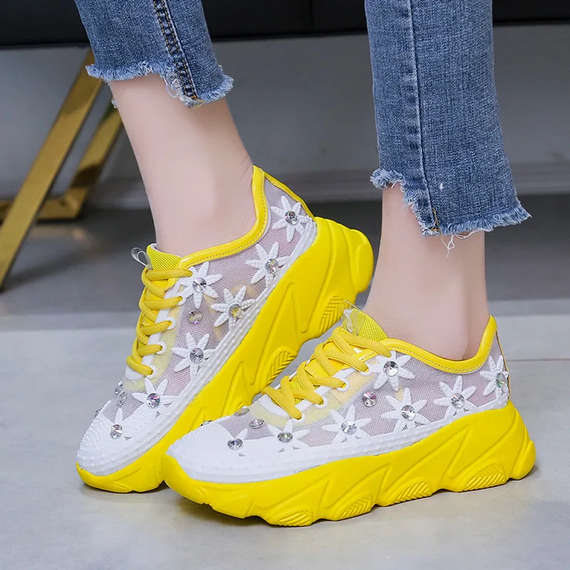 

Yellow White Sneakers Women Shoes High Platform Wedge Sneaker 2019 Summer Crystal Glitter Chunky Sneaker Casual chaussures femme