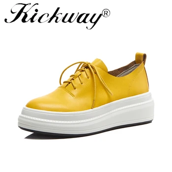 

Kickway brand new top quality cow leather thick bottom flat platform shoes women fashion spring casual woman shoes footwear