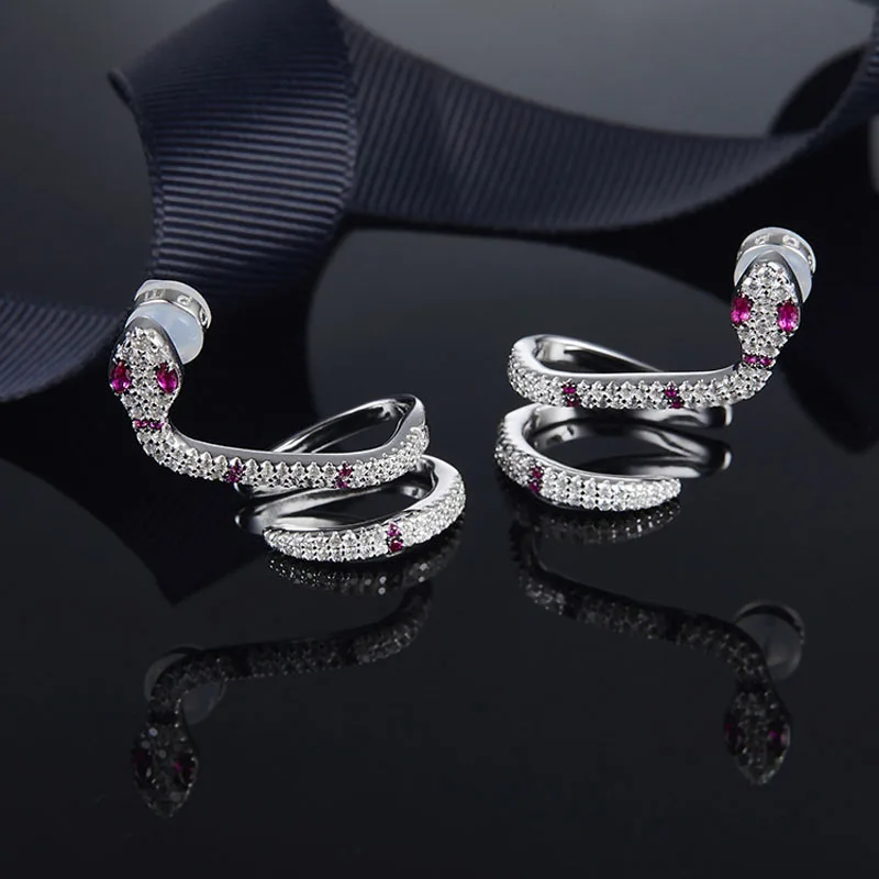 

SLJELY Trendy 925 Sterling Silver Snake Ear Clip Women Red Micro Zircon AAA CZ Earrings for Girls Dinner Party Jewellry 2018 New