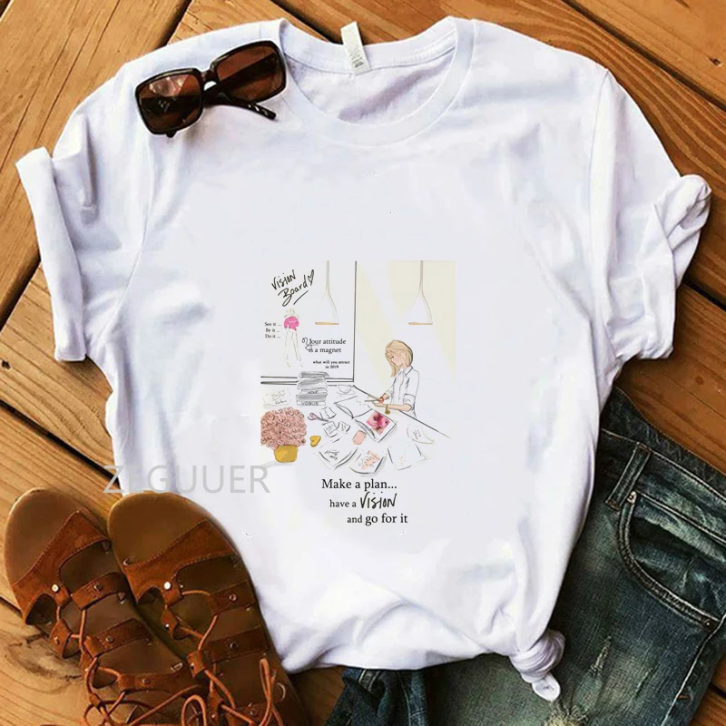 

Teacher T-Shirt 100% Cotton Casual Women T-Shirts Soft White Tees Summer Make A Plan and Go for It Lady Illustration T-Shirt