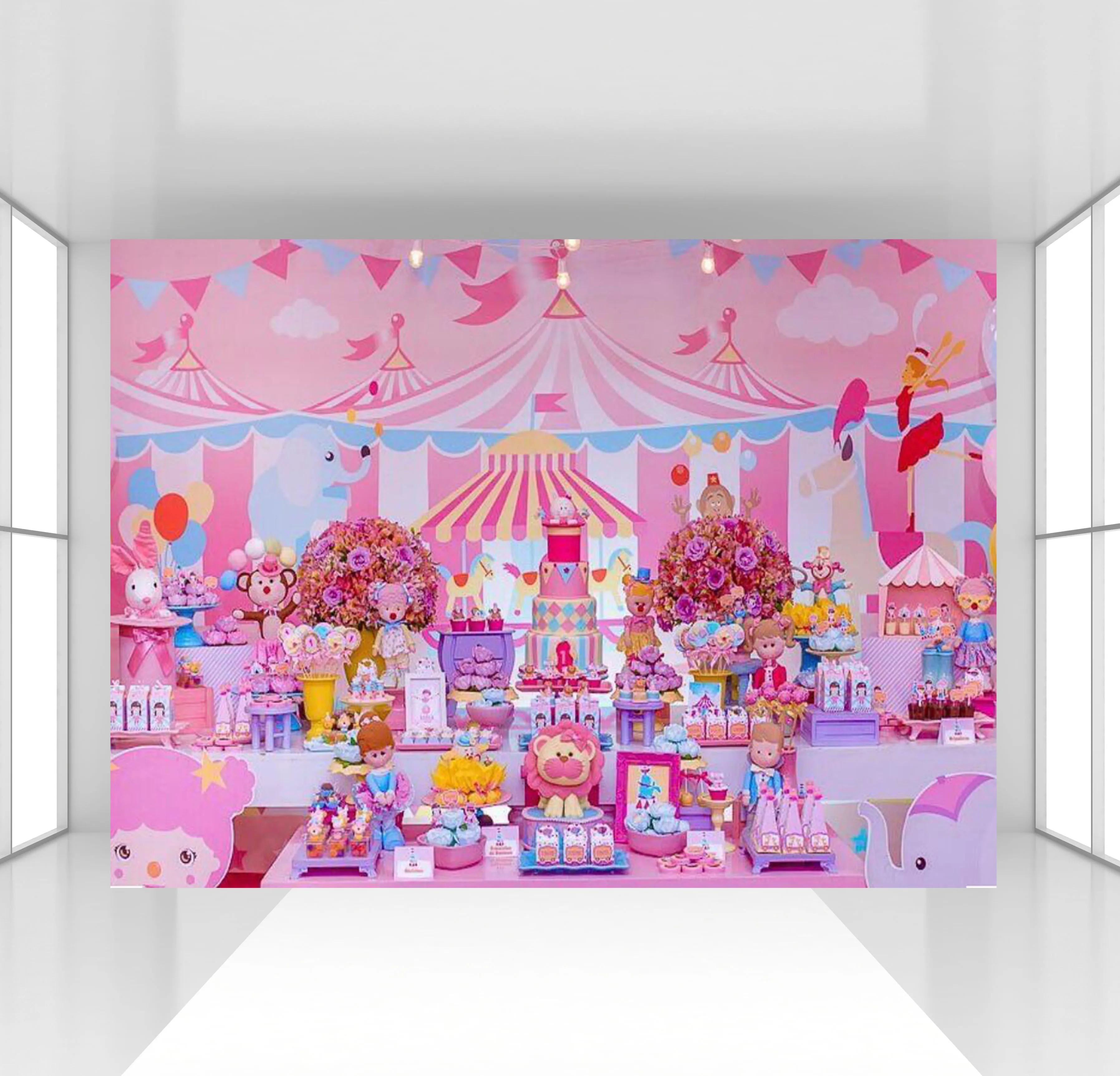 

HUAYI Circus backdrop photophone baby shower pink princess background photocall Custom Girls Birthday Party Cake Table backdrop