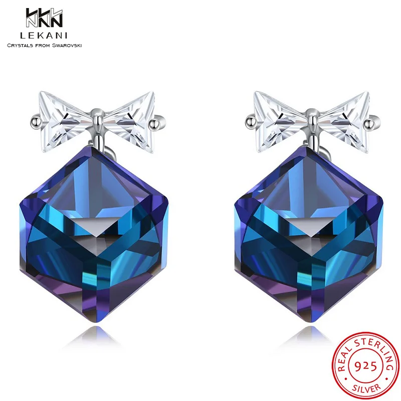 

LEKANI Crystals From Swarovski Drop Earring 925 Bow Drop Earrings Fashion Perforated Zircon Earrings Ornament Square Girl Gift