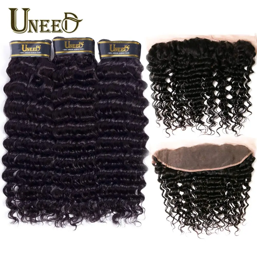 Uneed Deep Wave Human Hair Bundles with Frontal Double Weft Brazilian Hair Weave Bundles with Lace Frontal Remy Hair Extensions