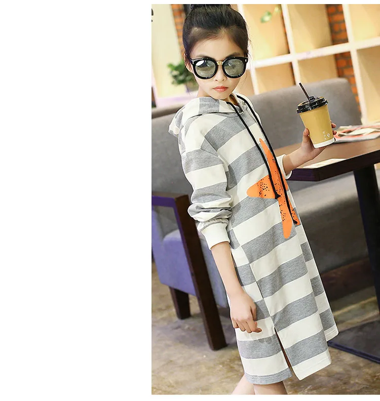 hooded long t shirts dresses for teenage baby girls autumn striped star printed dress clothing kid casual long sleeve dress baby (10)