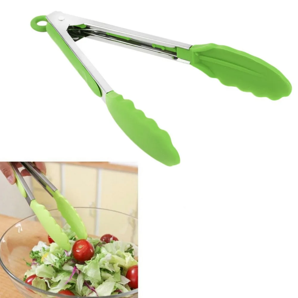 Green Silicone Tipped Tongs Turner Kitchen Utensil Cook Serve Stainless