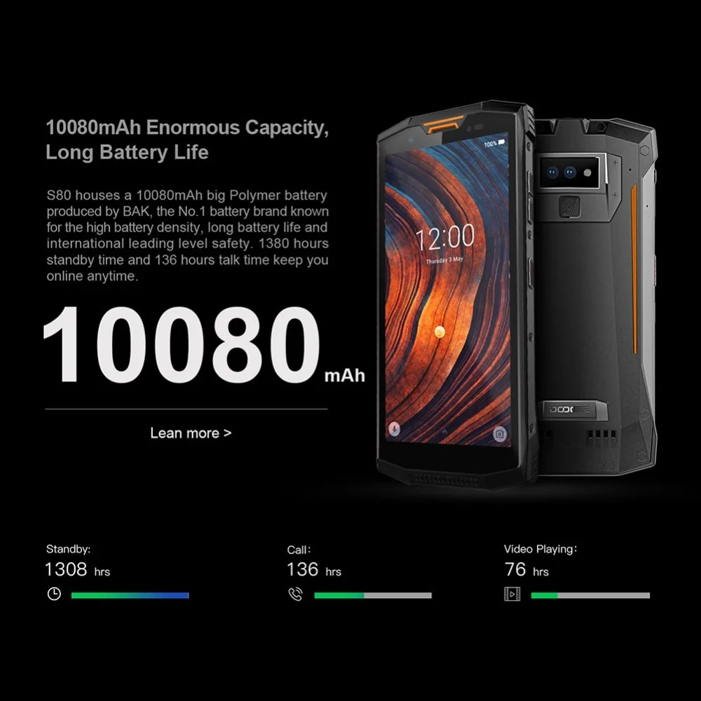 Doogee S80 Ip68 Водонепроницаемый 5,99 ''18:9 Ips мобильный телефон 10080 мАч 12v2a 6 ГБ 64 Гб смартфон на базе восьмиядерного процессора 16.0mp Фронтальная