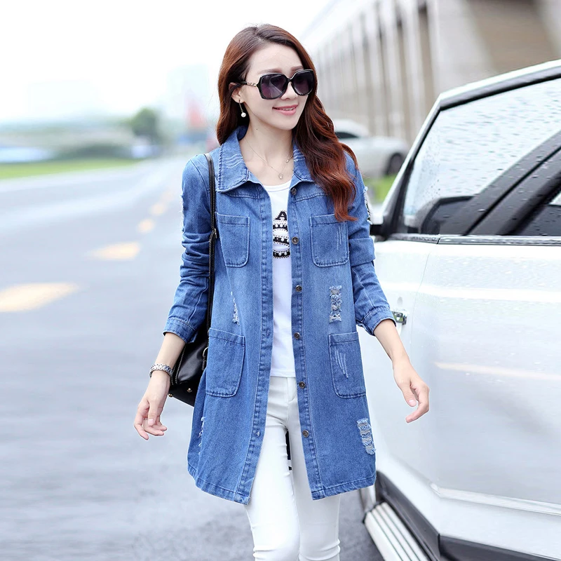 

Hole Jacket Coat Female Long Denim Jacket Women 5xl Plus Size Windbreaker Spring Basic Bomber Jacket Jeans Cardigan Jaqueta