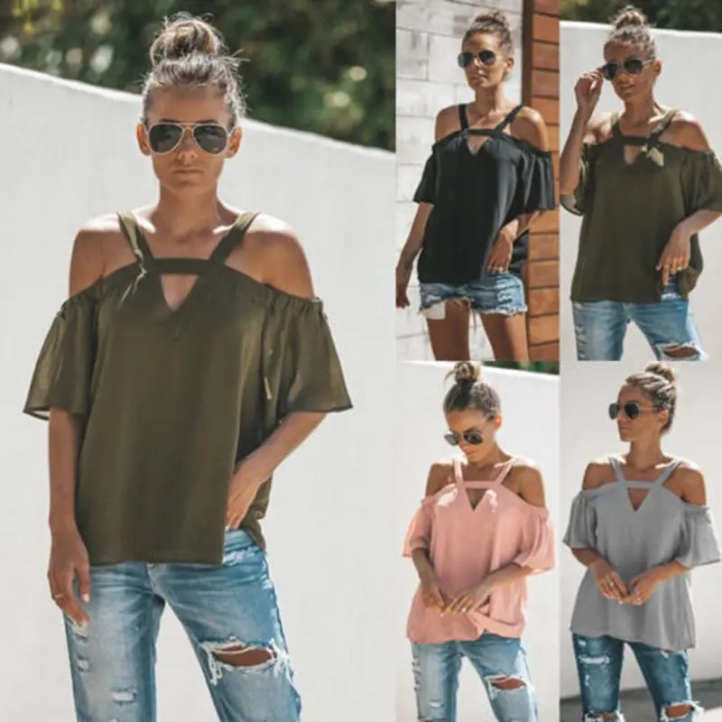 

Sexy Women Off Shoulder Chiffon Blouse Shirts Short Sleeve Black Gray Pink Loose Pullover Tops Blouses Summer Casual Hollow Out