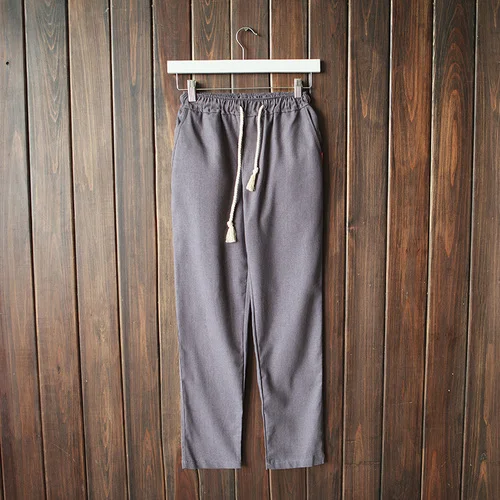Новые летние однотонные льняные повседневные штаны, простые Эластичные на завязках льняные брюки, свободные и дышащие мужские брюки большого размера - Цвет: Dark gray