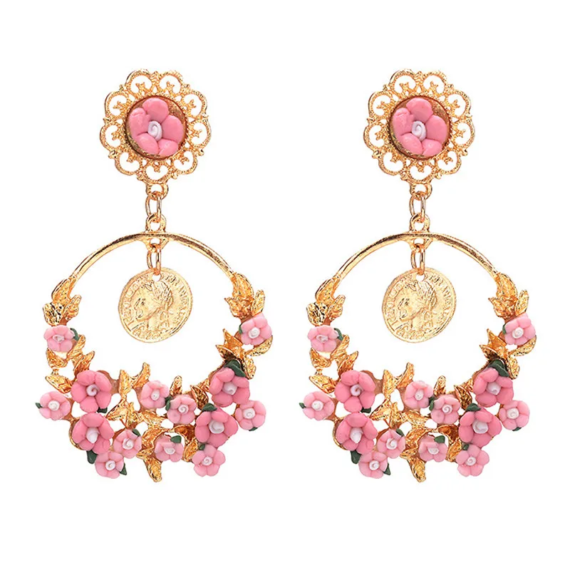 

QCOOLJLY Fashion Europe New Retro Pastoral Fresh flowers Large ring Earrings Big Statement Earrings for Women Brincos Grandes