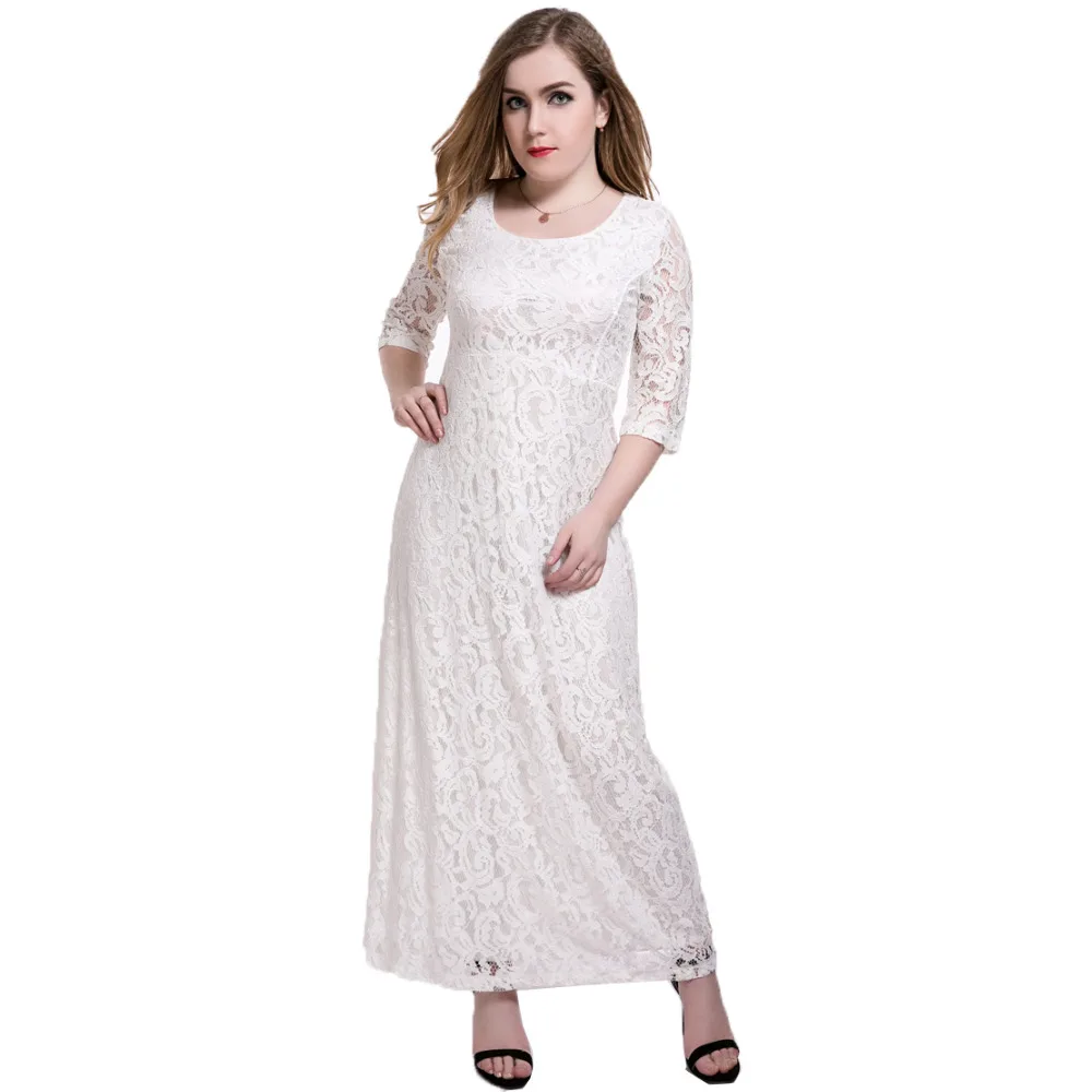 White Lace Dress Plus Size Vestidos Long Backless Dress Summer Half Sleeve 5xl 6xl O neck Elegant Maxi Women Dresses Ukraine long-white-lace-dress