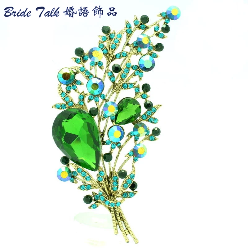 Women Jewelry Vintage Green Floral Flower Brooch Broach Pins Rhinestone