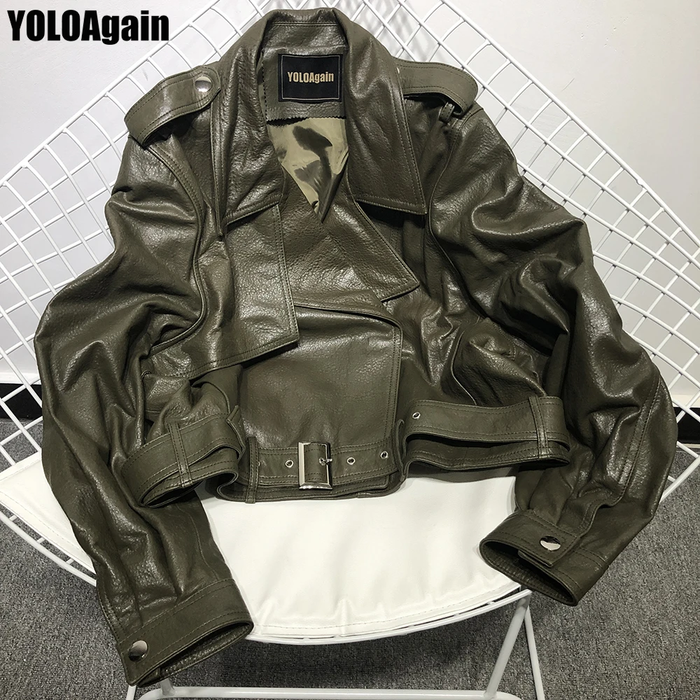 

YOLOAgain Women genuine leather jacket ladies fashion army green loose real leather jacket