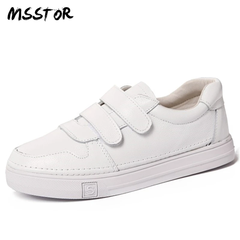 

MSSTOR Flower White Shoes Round Toe Slip-On Light Blue Genuine Leather Summer Woman Shoes 2018 Spring Fashion Casual Flats Shoes