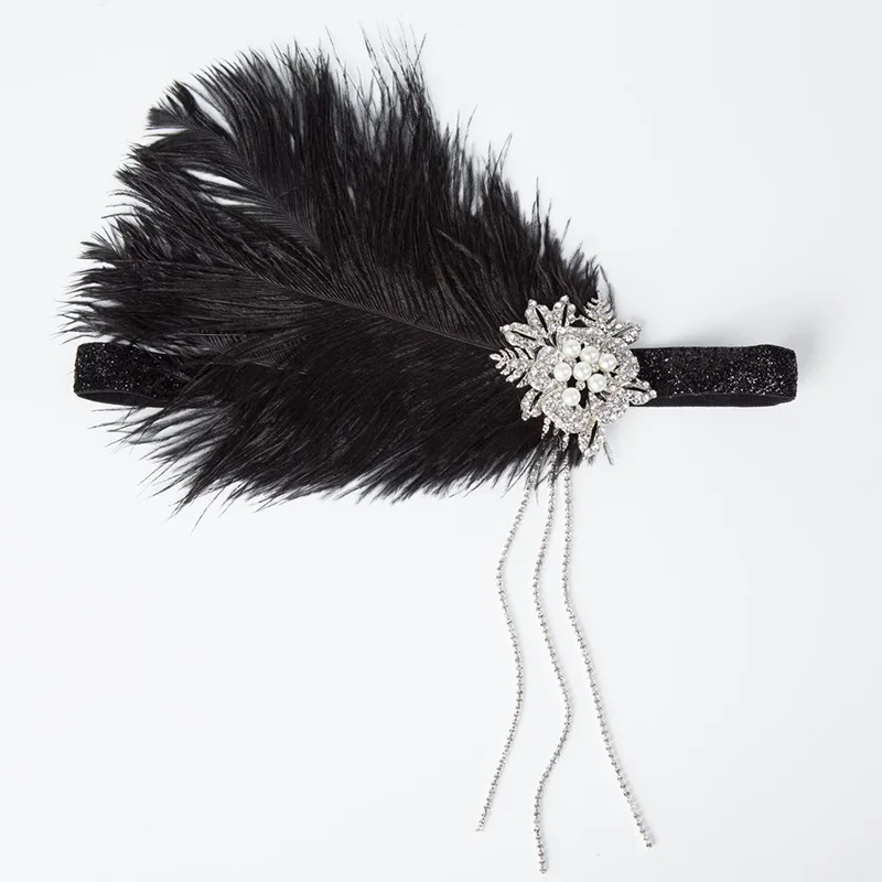 1920s Хлопушка в стиле Гэтсби повязка на голову с перьями 20s аксессуары кристалл и жемчуг свадебное украшение - Цвет: Black Headband