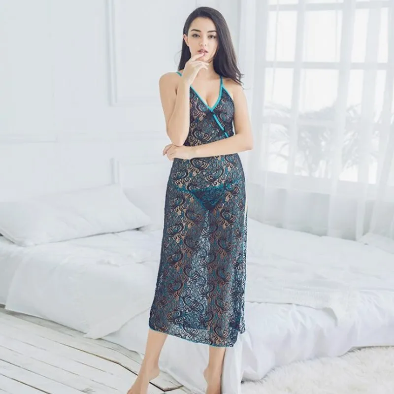 

2018 New Sexy Lace Long Nightgowns Pyjamas for Women Cheongsam Dress Detail Erotic Peacock Feathers Style Plus Size 2Pcs