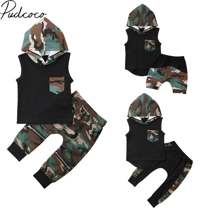 

2018 Brand New Newborn Infant Kids Baby Boys Hooded Tops T-shirt+Camo Pants 2PCS Outfits Clothes Set Casual Patchwork Pocket Set