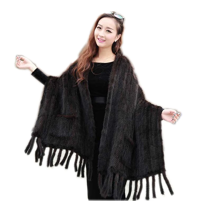 

Mink cape fur mink knitted tassel large scarf Black mink fur shawl with pocket and fringes Fur scarf Free Shipping