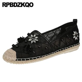 

floral crystal fisherman flower black diamond pearl flats slip on designer shoes china mesh nude women high quality rhinestone