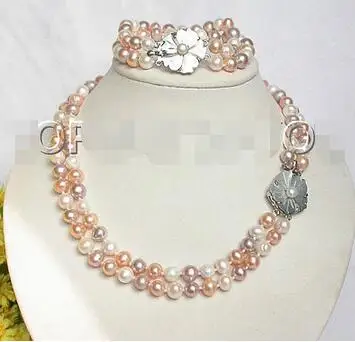 

Shipping >> new hot SET 2rows 9mm Natural white pink purple pearls necklace bracelet E1106