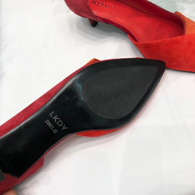 longkadiya/Новые весенние женские туфли из коровьей замши с красной строчкой оранжевого и красного цветов, кожаные туфли на высоком каблуке, женская обувь с закрытым носком