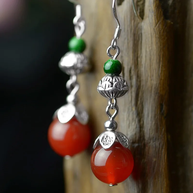 

Handmade Blessed Tibetan Silver Alloy Elegant Lotus Flower Earrings W Manmade Red Green Stone Bead Tassel Vintage Ethnic Jewelry