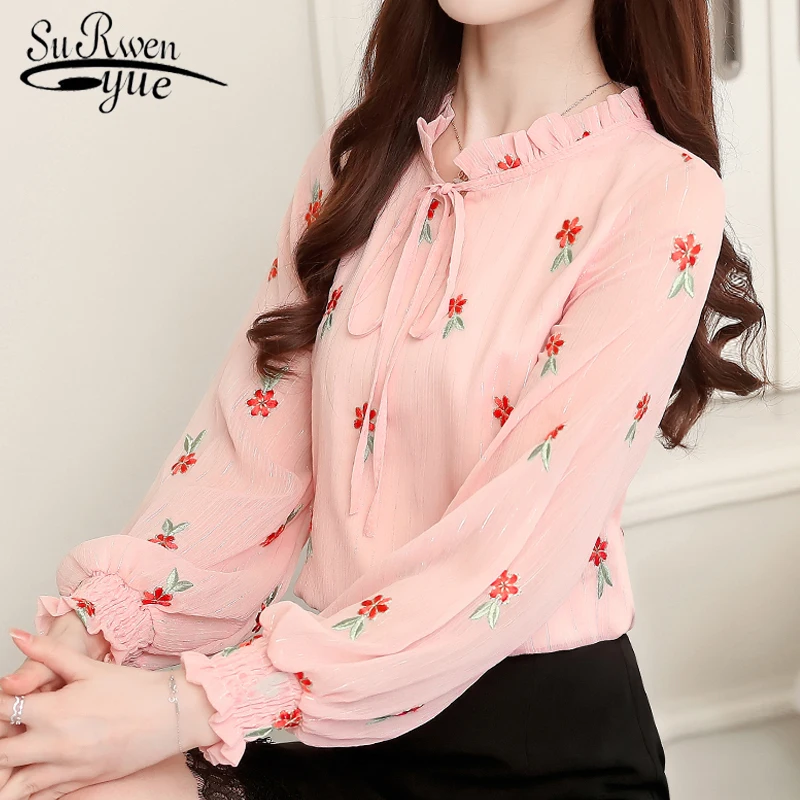 

fashion woman blouses 2019 floral embroidery chiffon blouse shirt long sleeve white pink tops blusa feminina shirt women 0967 40