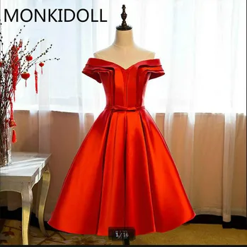 

Vestido De Novia burgundy satin short informal real picture prom dress v neck off the shoulder sexy petite prom dresses on sale