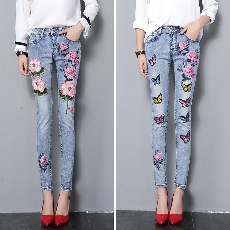 LYFZOUS Slim Jeans With Embroidery Woman High Waist Washed