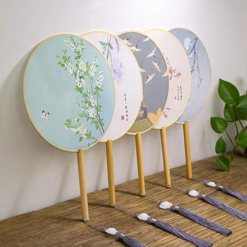 

1pc Vintage round fan ladies long handle dancing fan embroidery DIY Chinese style hand fan with tassel palace style