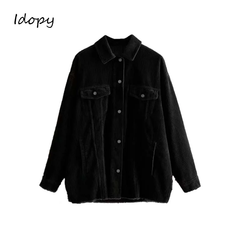 

Idopy Women Oversized Black Corduroy Jacket Coat Buttons Pockets Long Sleeve Loose Coats Female Retro Outerwear Tops For Female