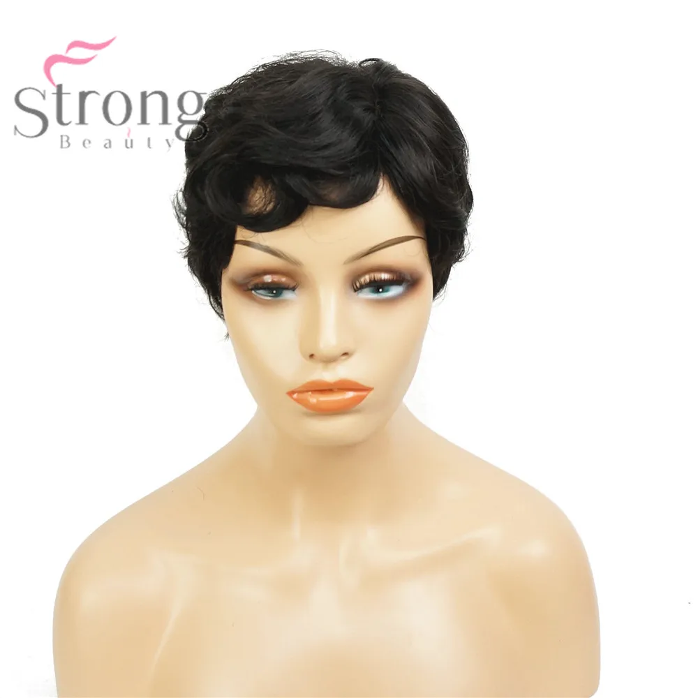 Strongbeauty Для женщин химическое Нуна парик монолитным Короткие вьющиеся темно-коричневый натуральный Искусственные парики для черный Для